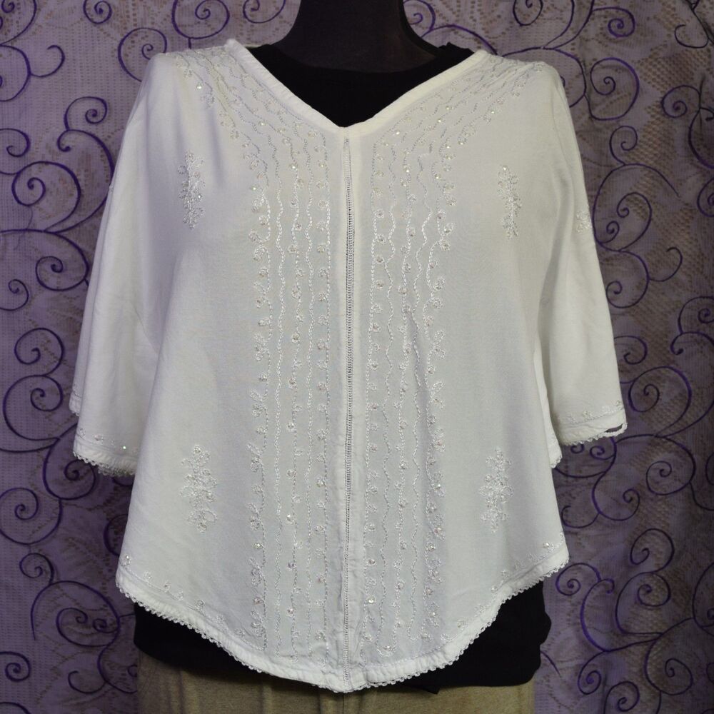 Womens Sz M White Embroidered Sequin Poncho Festival Boho Ethereal Angelic Shirt
